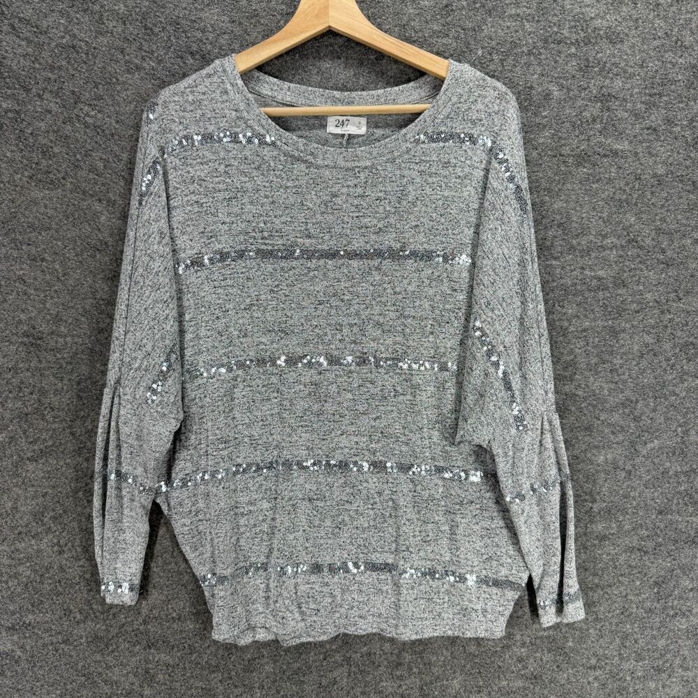Maurices Sweater Pullover Women S Small Gray Striped Sequin Knit Long Sleeve